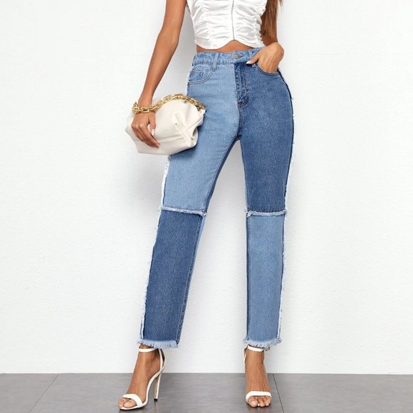 High Waisted Raw Hem Spliced Carrot Jeans - Picture 1 of 3